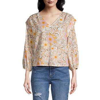 A.N.A. Hollie Floral Boho Sheer 3/4 Balloon Sleeve V-Neck Pullover Blouse Womens