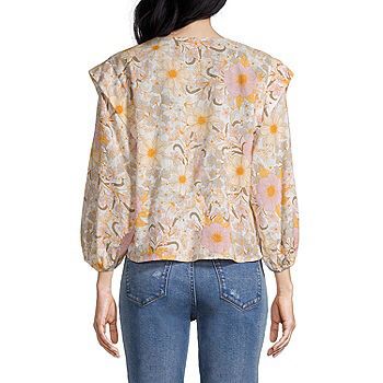 A.N.A. Hollie Floral Boho Sheer 3/4 Balloon Sleeve V-Neck Pullover Blouse Womens