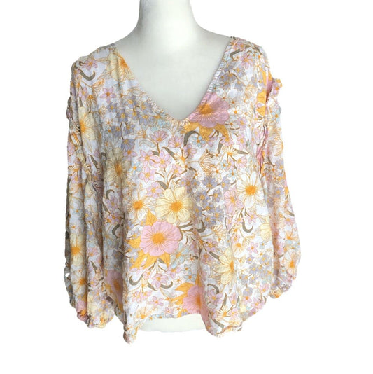 A.N.A. Hollie Floral Boho Sheer 3/4 Balloon Sleeve V-Neck Pullover Blouse Womens