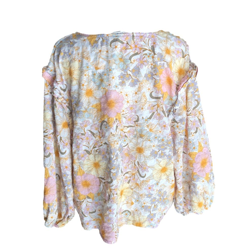 A.N.A. Hollie Floral Boho Sheer 3/4 Balloon Sleeve V-Neck Pullover Blouse Womens